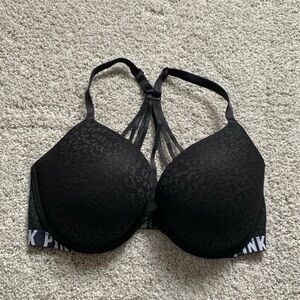 Victoria’s Secret Pink Black Animal Print lace racerback padded bra